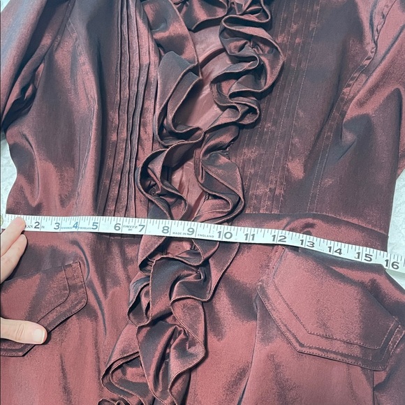 Samuel Dong classic ruffle trench coat evening wear Crimson Satin - Picture 17 of 17